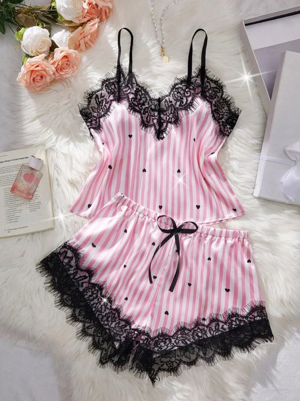 Pink Women's Satin Heart Striped Sexy Lingerie Set
